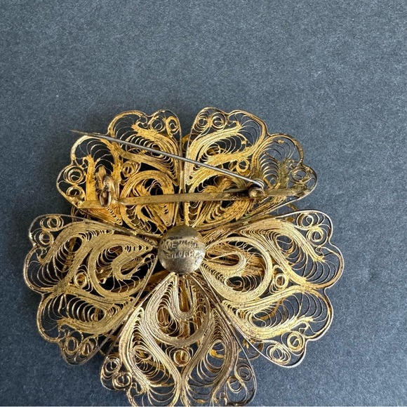 Vintage Sterling Silver Filigree Brooch Large Flower Pin Spun Silver - Picture 8 of 10